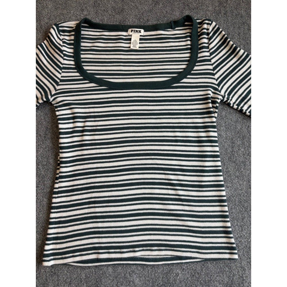 PINK Victoria's Secret Green White Striped Ribbed Scoop Neck Long Sleeve Top L